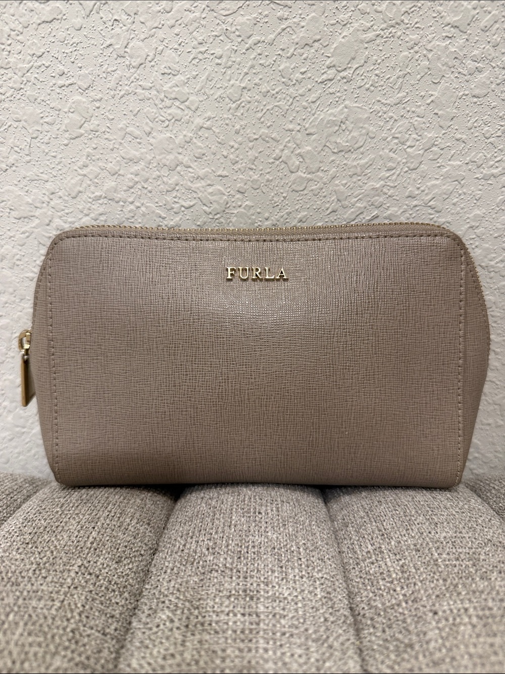 Furla Taupe Saffiano Cosmetic Pouch with Gold Logo